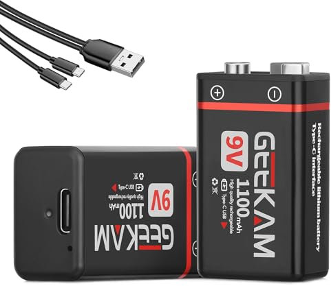 GEEKAM Batería de 9 V, 2 baterías recargables de 1100 mAh, 9 V, con cable de carga USB-C 2 en 1 para detector de humo, micrófono, multímetro, juguete, controlador de juegos
