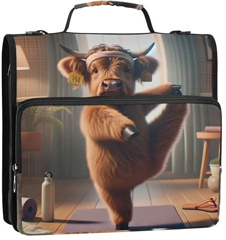 Highland Cow Yoga Animal Funny 1.5 Inch Binders 3 Ring Heavy Duty Zippered Binder Organizer Middle School Binder Bag with Strap Multi Pockets Large Portfolio Folder