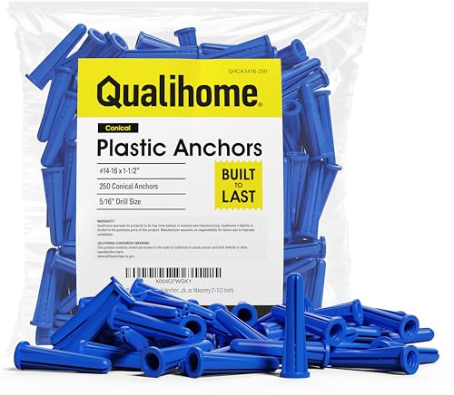 Qualihome Plastic Wall Conical Anchors – 1-1/2 Inch [250 Pack] | for Use in Concrete, Brick, Masonry, Hollow Walls, and Drywall – Expansion Anchors for Versatile Mounting