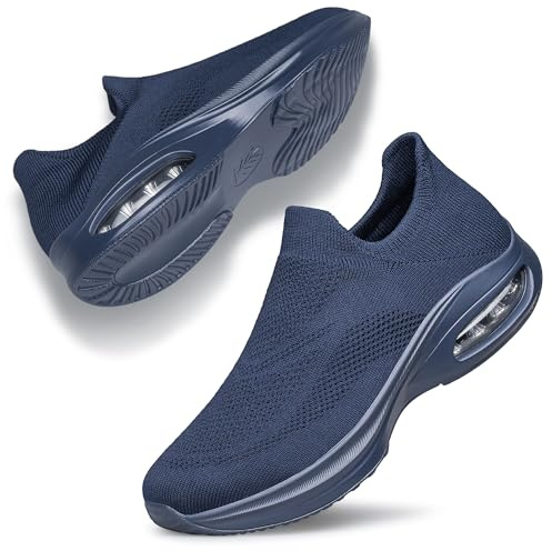 Women's Slip On Walking Shoes Tennis Non Slip Running Comfortable Breathable Sock Athletic Gym Workout Cross Training Fashion Sneakers Zapatos para Mujer Navy Blue Size Size 7