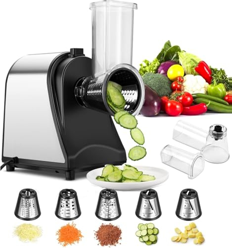 Coupe-Légumes Électrique 250W Professionnel 5 en 1 Râpe de Cuisine avec 5 Lames pour Fromage Pommes de Terre Carottes Mandoline Mandoline Acier Inoxydable