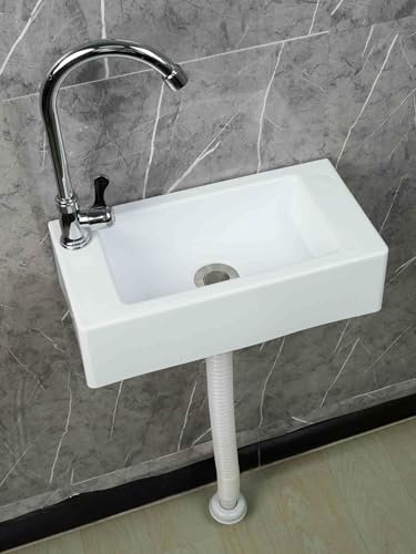 DDS22E Lavandino Rettangolare in Resina PP Bianca 40x20x11 cm Scarico ad Angolo a Parete 75-150 cm(C - Rubinetto dell'acqua Fredda Singolo)