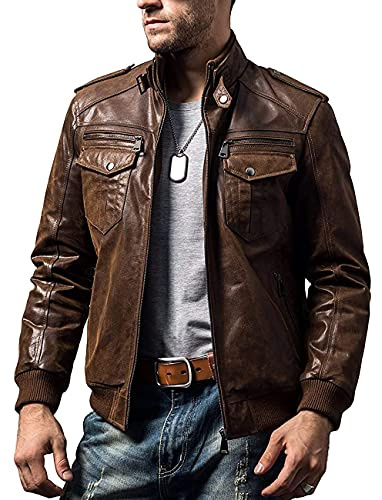 FLAVOR Men Brown Leather Motorcycle Jacket with Removable Hood (Medium (US standard), Brown)
