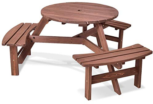 Dayanaprincess 6-Person Patio Wood Picnic Table Beer Bench Set with Umbrella Hole Sturdy and Durable Garden Backyard Lawn Useful Furniture Simple Design Poolside Yard Good Decor