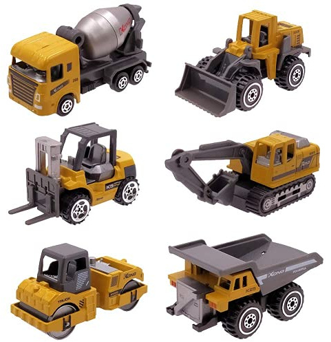 Kids Diecast Construction Vehicles Metal Engineering Cars Set Toys Play Trucks for Boys Age 3 4 Birthday Party Supplies Cake Topper (Pack of 6)