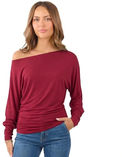 Crazy Girls Womens One Off-Shoulder Tops with Long Sleeves, Off Shoulder Batwing Jumper, Ladies Batwing Top in Black, Red, White Plus 21 Colors More UK