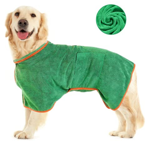 AmazeFun Hunde-Bademantel Mikrofaser, Mit Klettverschluss Schnell Trocknend Badetuch, Sehr Saugfähig, mit verstellbaren Trägern, Geeignet Für Große und Mittlere Hunde (XL:Rückenlänge 70CM)