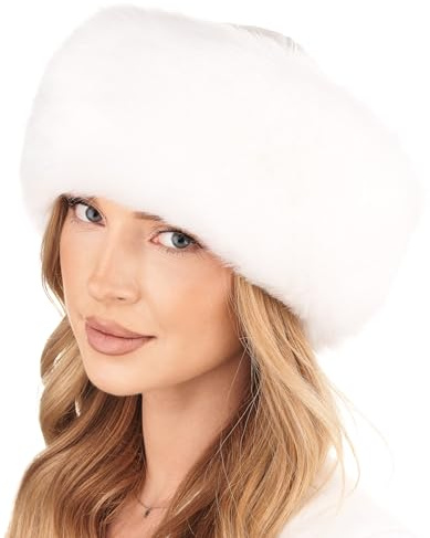 Futrzane Siberian Gorro Mongol - Sombrero con Cuero y Piel Sintetica para Mujer (M, Blanco - Blanco Siberian)
