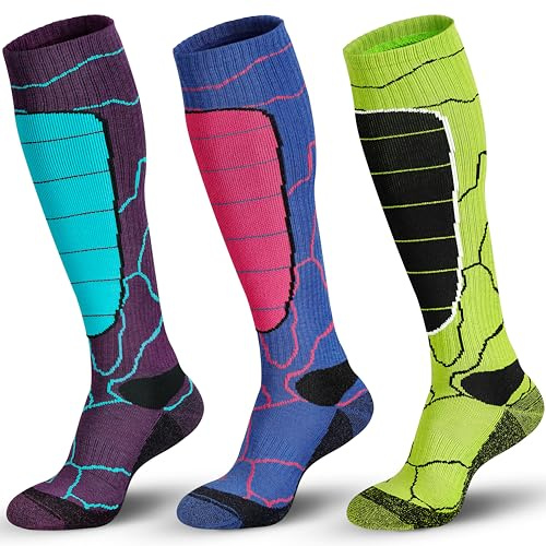 Hylaea Merino Wool Ski Socks, Knee High Socks for Snowboarding Snow Winter Thermal Warm Socks, Hunting, Outdoor Sports Multi Colors 3 Pairs X-large