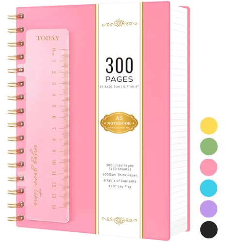 NIRMIRO Notebook Notepad A5, 300 Pages Wirebound Spiral Notebooks for Writing, Hardback Thick Note Book with 100GSM Lined Paper, No Bleed, PVC Waterproof Cover, 14.5 x 20.7cm, Pink