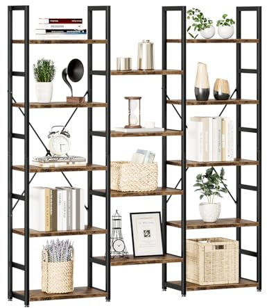 NUMENN Triple Column 5 Tier Bookshelf, Bookcase with 14 Open Display Shelves, Adjustable Rustic Industrial Style Book Shelves, Modern Bookshelves for Bedroom, Living Room and Home Office, Vintage