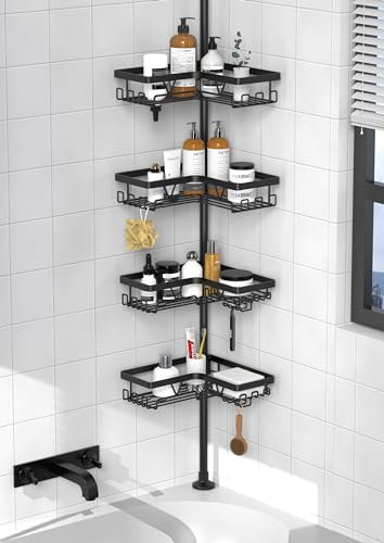 Kegii Etagere Douche - Etagere Telescopique Douche Sans Percage, Tablette d'Angle Réglable en Hauteur avec 4 Paniers, Noir
