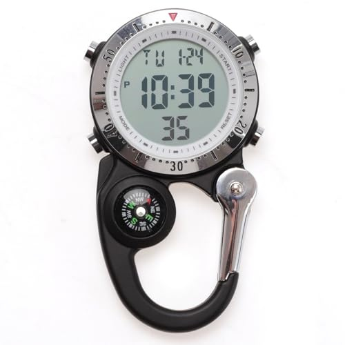 Voso Multifunctional Luminous Clip-On Carabiner Watch - Mini Quartz Watch Compass for Outdoor Activities (Black with Silver Frame)