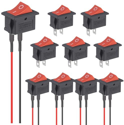 VEXUNGA 5 Pcs Interrupteur 12V avec Câblage et 5pcs Mini Interrupteurs a Bascule ON OFF 2Broches Bouton Poussoir 12 Volts 10A 125V 6A 250V SPST Commutateur pour Voiture Automobile Rouge (10 Pièces)