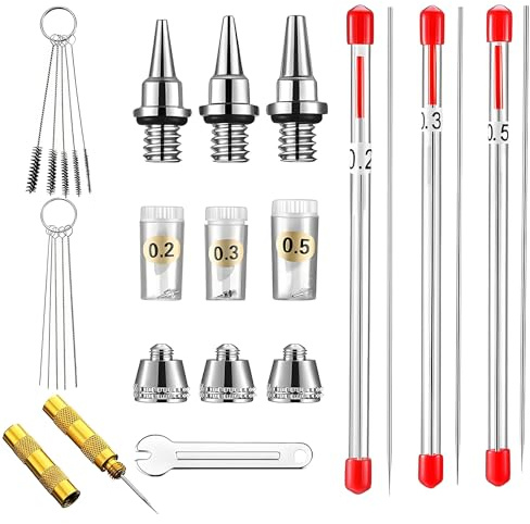 Raheem 24pcs Airbrush Cleaning Kit with Airbrush Nozzle,Needle,Nozzle Cap Mini Wrench Cap Protective Sleeve Airbrush Cleaning Kit with 0.2/0.3/0.5 mm Airbrush Nozzle for Air Brush Spray Gun Kit