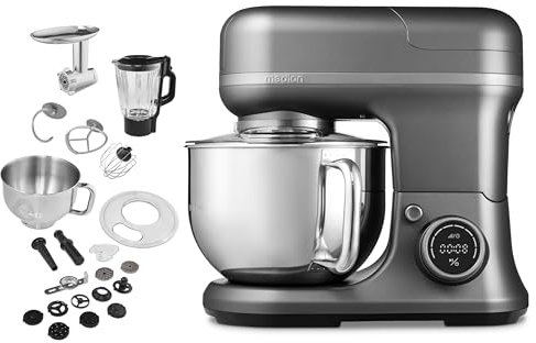 Procesador de alimentos universal MEDION 3 en 1 (digital, 1.200 vatios, 8 niveles, mezclar amasar batir mezclar picadora, bol para preparar helados, pantalla táctil digital, MD18430) Titanio