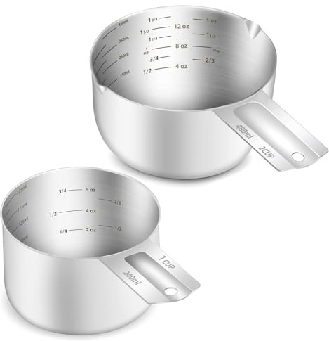 BERYLER 2PCS Stainless Steel Measuring Cup Set, Includes 2Cup(480ml, 16oz) and 1Cup (240ml, 8oz), Etched Inner Scale Measure Scoop, Metric and US Measurement, Dishwasher Safe