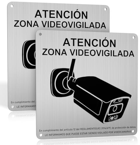 REIGY 2 Piezas Cartel Videovigilancia Homologado Aluminio 15 * 15 cm, Señal Adhesiva Zona Videovigilada Material Resistente, Placa Privada para Hogar Interiores y Exteriores