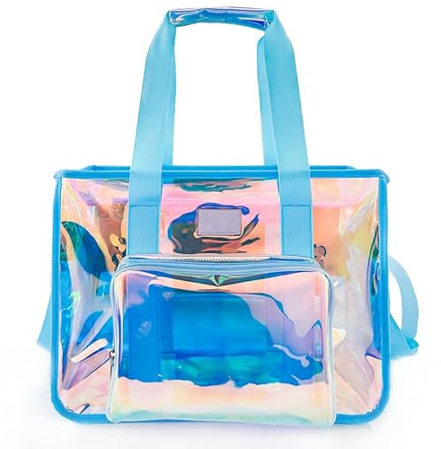 TotePrint Borsa da spiaggia olografica in PVC, trasparente, con manici turchesi, 40 x 30 x 20 cm, impermeabile per viaggi, shopping, borsa leggera e robusta, Blu., 40 X 30 X 20 Centimeters