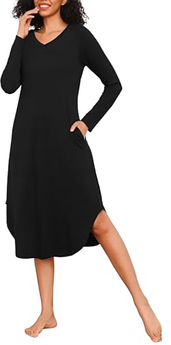 Marvmys Chemise De Nuit Femme Manches Longues Coton Robe De Nuit Col v Vetements De Nuit d'hiver Confortables avec Poches S-3XL