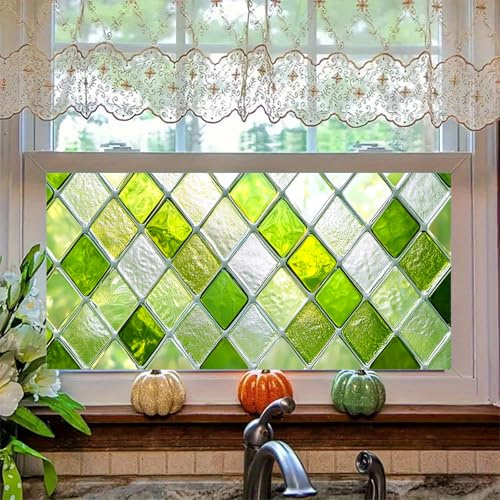 HOMETITUTE Green Diamond Pattern Window Film 39.3x17.7 Inch Stained Glass Privacy Cling Decorative Window Cover UV Blocking No Glue Static Film for Bathroom Kitchen Door Living Room Office