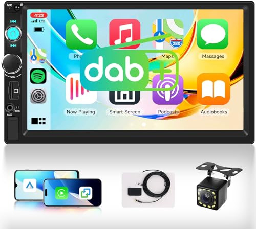 Hodozzy 7 Pouces 2 Din Autoradio avec sans Fil Carplay Android Auto, Dab+ Radio 2 Din avec FM Radio, Bluetooth, Mirror Link, Lecture Vidéo, SWC, USB/AUX/Type-C/TF et Caméra de Recul