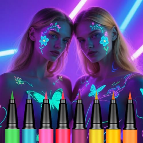 UV Face Paint Pens 8 Colors,Neon Face Paint Glow in Dark,Festival Accessories & Halloween Body Paint Kit,Quick Dry Waterproof Facepaints Set for Skin Washable,Festival Glitter Essentials