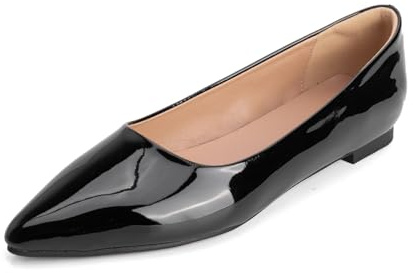 Escarpins Classiques Femme À Bout Pointé Ballerines Talon Bas Slip on Court Shoes en Cuir Vernis pour Bureau Et Tenue Quotidienne,Noir,44 EU