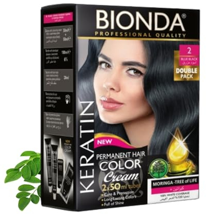 BIONDA Professional Permanente Haarfarbe Color Cream 200ml | Doppelpack | Keratin & Moringa Pflege | Langanhaltende & Farbe mit Glanz | 100% Grauhaarabdeckung (2 Blau schwarz, 200ml)