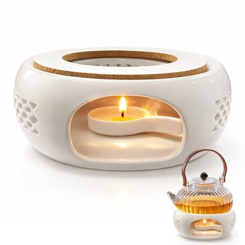 kelav Chauffe-Théière en Porcelaine avec Support Bougie, Chauffe-Plat Céramique 14,5x14,5cm Design Creux Ventilé pour Thé et Café, Fond Anti-Dérapant