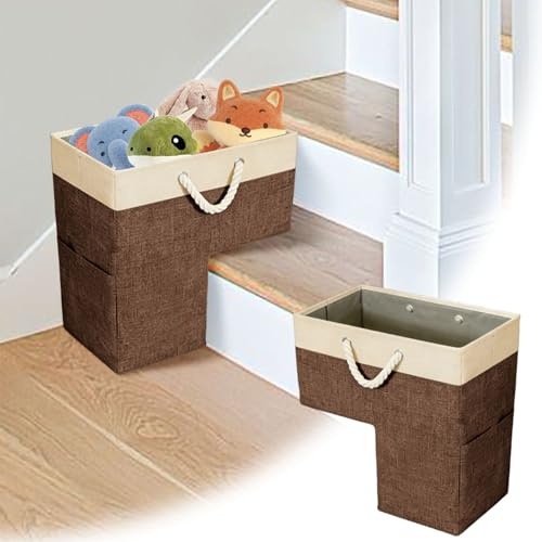 Stair Basket for Stairs with Handle - 16 Anti-slip Step Storage Basket with Hard Board, Fits Carpeted & Wooden Stairs for Toys Clothes Books Tools (Brown)
