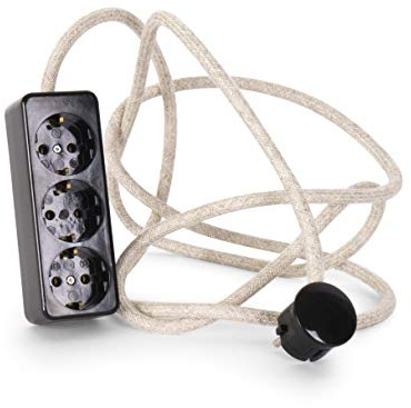 3-Fach Steckdosenleiste aus Duroplast (Bakelit-Optik) schwarz, mit 2.5 Meter Textilkabel Zuleitung, Leinen