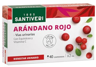SANTIVERI - Arándano Rojo, Complemento Alimenticio a Base de Arándano Rojo, Jugo de Equinácea y Vitamina C de Origen Natural, Ayuda al Bienestar Urinario - 40 Comprimidos