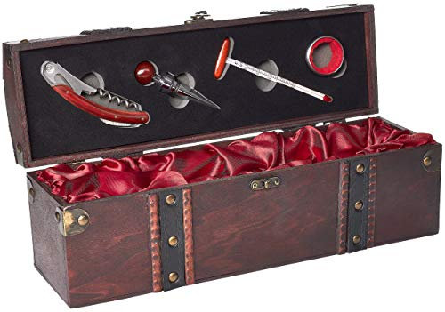 Brubaker 5 Pz. Scatola per Il Vino en Legno con Set da Bar per Sommelier - INC. Cavatappi + Apribottiglieo + Tappo + Termometro + Anello