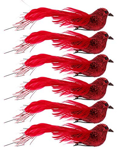 Wakauto Künstliche Vögel Glitzer Pailletten Federschaum Vögel Weihnachten Garten Statue Ornamente für DIY Weihnachtsbaum Ornament Garten Zweige Deko 6 Stück (Rot)