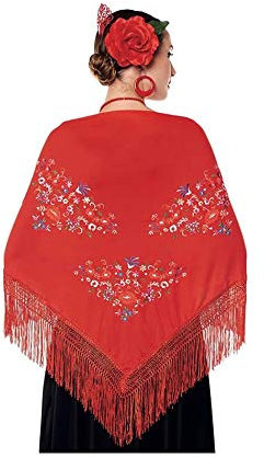 Châle Manille Chulapa Femme 【Taille adulte 150 x 60 cm 】[Couleur rouge] Déguisement Chulapas Châle Flamenco brodé Saint Isidro