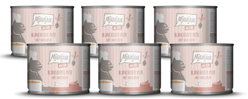 MjAMjAM - nourriture humide premium pour chats - dinde blanchie avec moules en sauce, pack de 6 (6 x 185 g), sans céréales avec supplément de viande