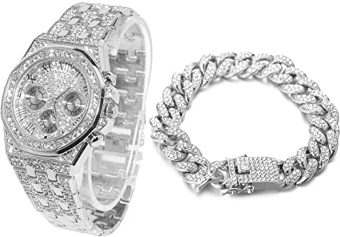 HALUKAKAH Diamant Montre en Or, Hommes Plaqué Or Blanc Platine 40MM Large Chiffres Romains Cadran Quartz Bracelet 22cm avec Lien Cubain Chaîne 20cm Bracelet Set, avec Boite Cadeau