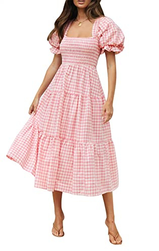ZESICA Women's 2025 Bohemian Summer Plaid Square Neck Puff Sleeve Ruffle Flowy Beach Midi Dress,Pink,Medium
