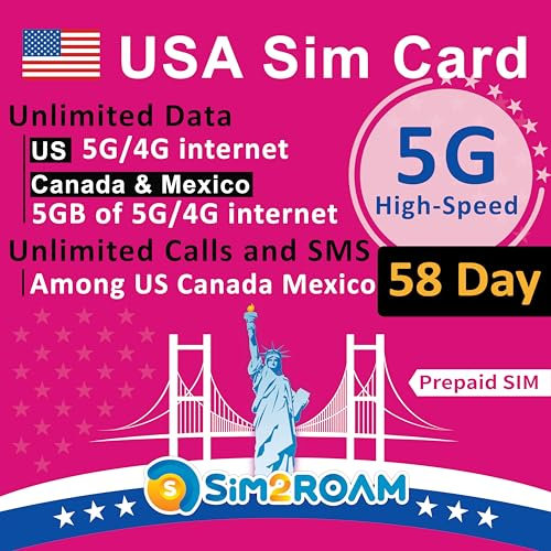 Tarjeta SIM prepaga de EE. UU.|Datos de Internet 5G/4G ilimitados en EE. UU. (Incluido Hawái)+5 GB de Datos en Canadá y México|Llamadas y Textos ilimitados Entre EE. UU., CA y MX|Recargable (58 Días)