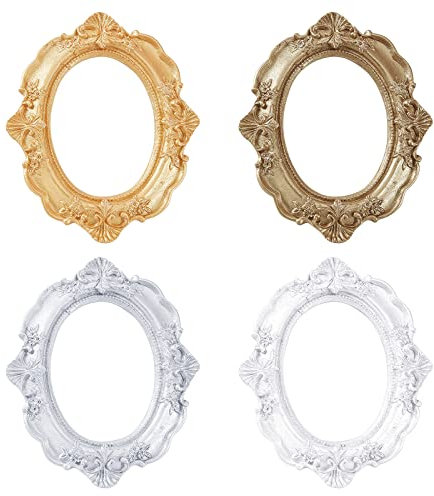 FINGERINSPIRE 4-teiliger Vintage Bilderrahmen aus Kunstharz (Oval, 4 gemischte Farben, 12 x 9,8 cm) Harz Goldblume ohne Glasrahmen für Bilder geprägte Fotorequisiten Dekoration (Ohne Glas und Haken)