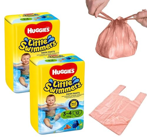 Disposable Swim Nappies with Nappy Bags - Little Swimmers Size 3-4 Nappies for Babies(7-15kg) - 24 Waterproof Nappy for Swimming - Great for Summer Outdoors Paddling Pools