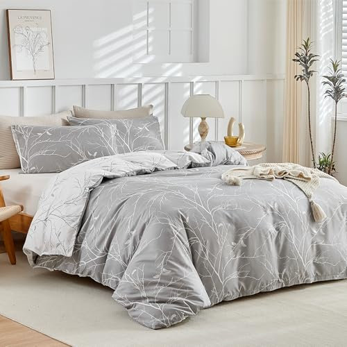 Lekesky Double Duvet Cover - 3 Pcs Microfiber Ultra Soft and Non-Allergenic Grey Duvet Cover Double with Pillow Case(1 Comforter Cover 200x200cm+2 Pillow Case 50x75cm) -Grey/White