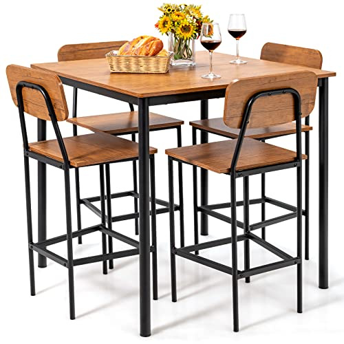 LIFEZEAL Set di da Pranzo, 1 Tavolo Quadrato da Pranzo e 4 Sedie Ergonomiche con Schienale Alto da Pranzo, Telaio in Metallo, per Sala da Pranzo, Cucina, Ristorante, Montaggio Facile, 5 Pezzi, Noce