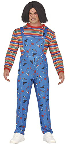 FIESTAS GUIRCA | Disfraz Muñeco Diabólico Adulto Hombre - Camiseta y Peto | Set 2 Piezas | Manga Larga | Azul con Estampado | Poliéster | Talla 52-54 | Halloween, Carnaval