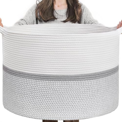 TIMEYARD 85L Large Cotton Rope Laundry Basket Blanket Storage Basket Grey | 55x35cm Soft Woven Storage Basket for Clothes, Blankets and Towels. Large Decorative Hamper for Home Organisation