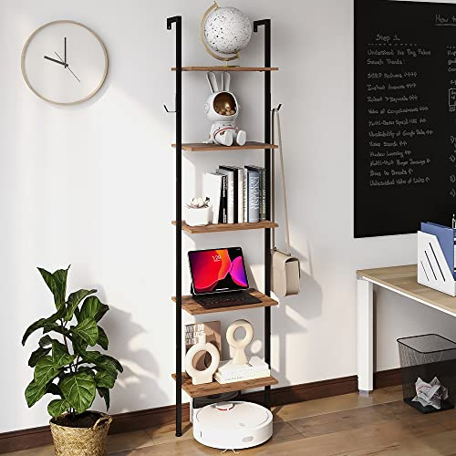 VEDECASA 5 Tiers Bookshelf Wall Mounted Industrial Ladder Shelf Bookcase with Wood and Metal Frame Open Display Shelves for Home Office Living Room and Bedroom