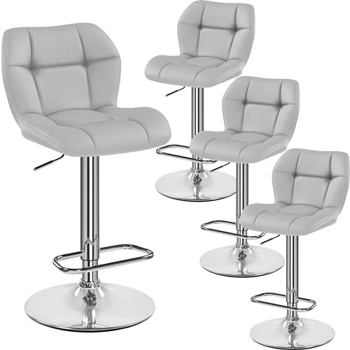 Yaheetech Barhocker 4er Set Höhenverstellbar 360°Drehbar Barstühle Küchenstühle mit Rückenlehne und Fußstütze, Barstuhl PU-Kunstleder Sitzhöhe 62,5 cm - 84,5 cm für die Küche, Hellgrau