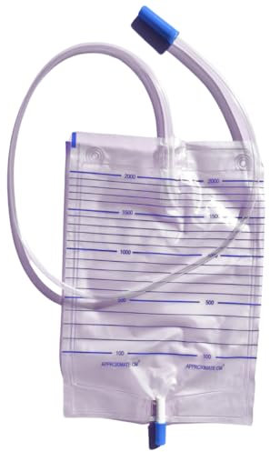 DOC Bolsas de orina con válvula antirreflujo y desagüe en T con tubo de 130 cm, con soporte, capacidad 2000 ml, tubo de 130 cm, 2 litros (lote de 30 unidades) (con válvula y desagüe Push Pull – Tubo