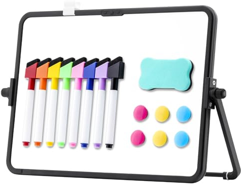 DOLLAR BOSS Small Whiteboard with Stand A4 Mini White Board Desktop 21×30cm | Double-Sided Whiteboard, Magnetic Dry Erase Board for Desk Door Wall Hanging, with 8 Markers and 6 Magnets for Home Office